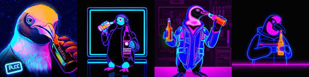 AI-genererade pingviner som dricker öl i cyperpunkinmiljö